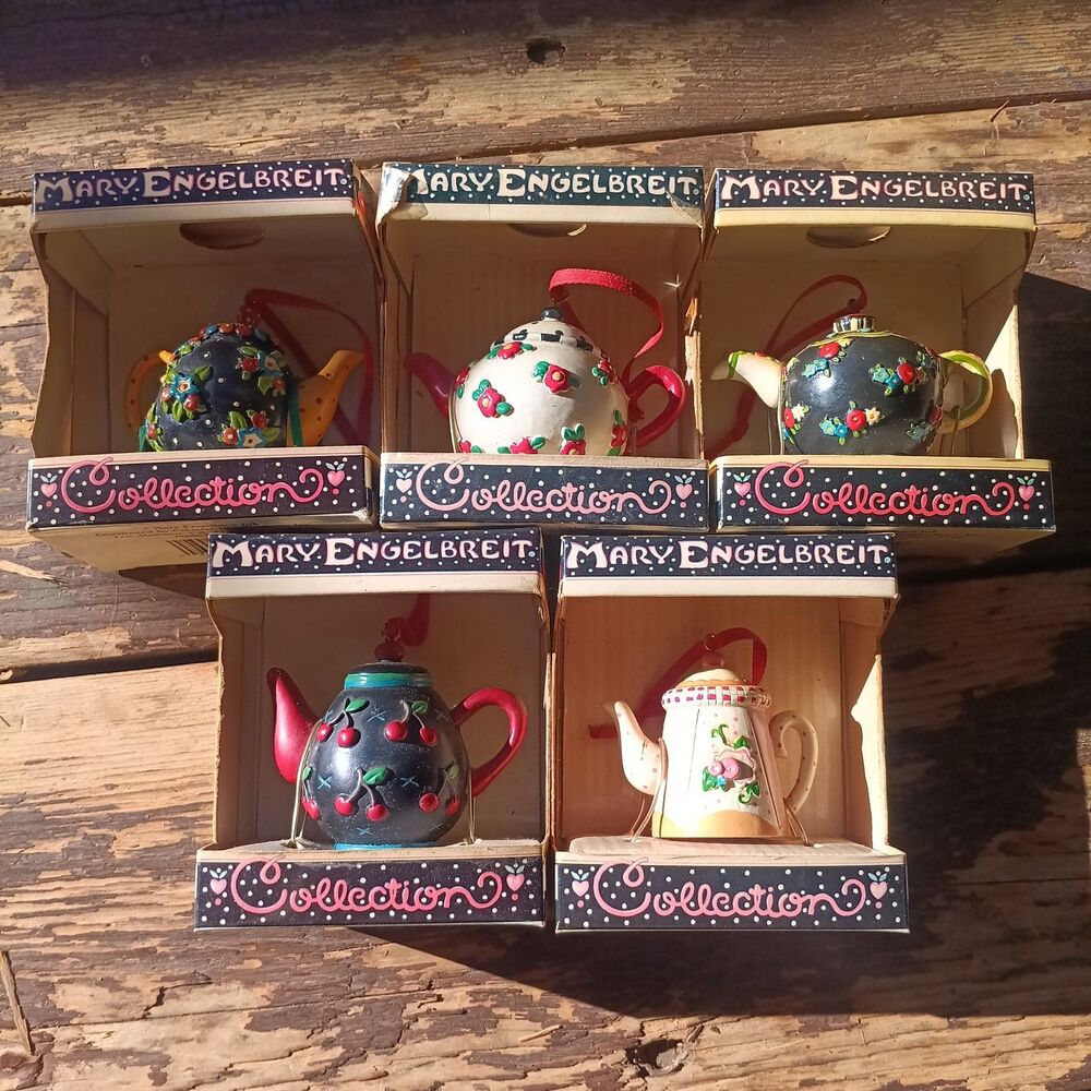 Vintage Mary Engelbreit 5 Mini Teapot Ornaments Kitchen Decor Christmas In Boxes